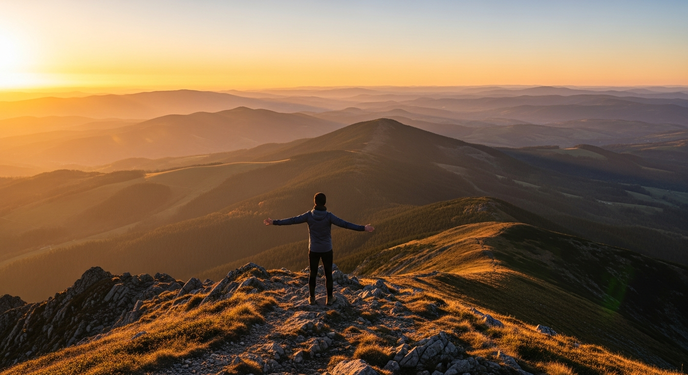 Person standing on a mountain summit at sunrise