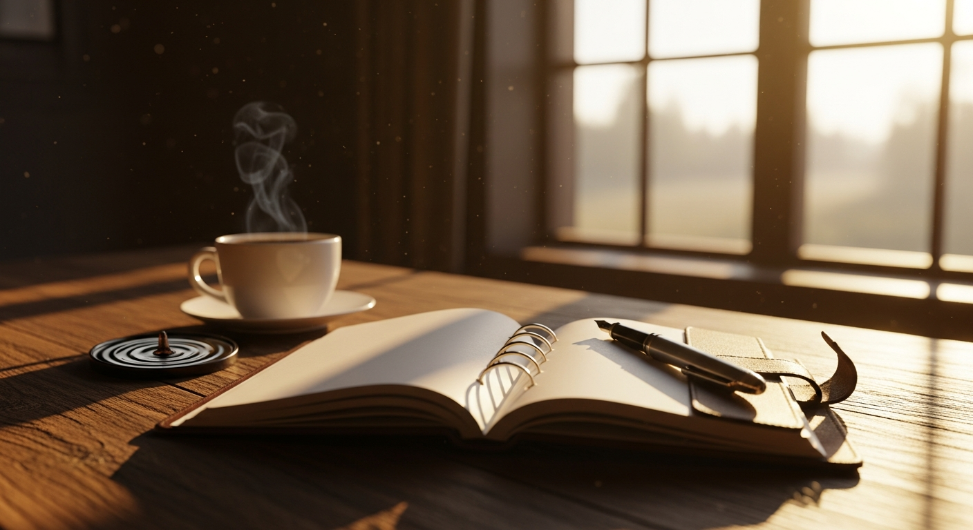 An open journal and pen on a wooden desk in warm morning light