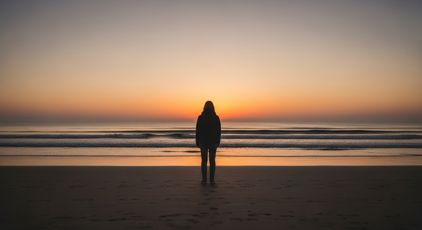 A person standing alone on a beach at dawn, looking out at the ocean
