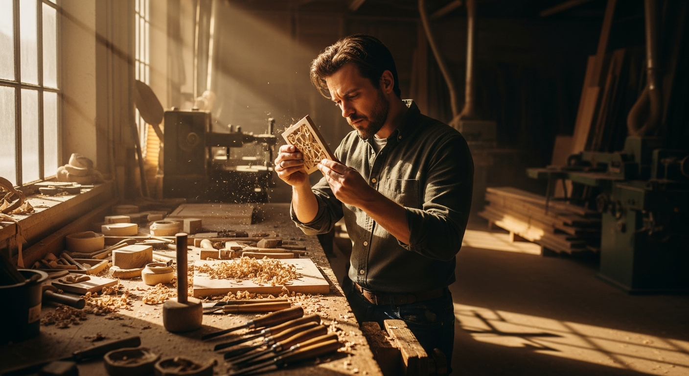A craftsman carefully adjusting woodwork in a sunlit workshop