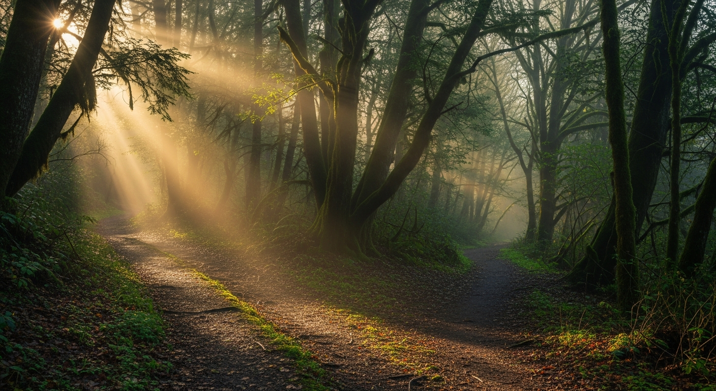 A forest trail splitting into two paths in misty morning light