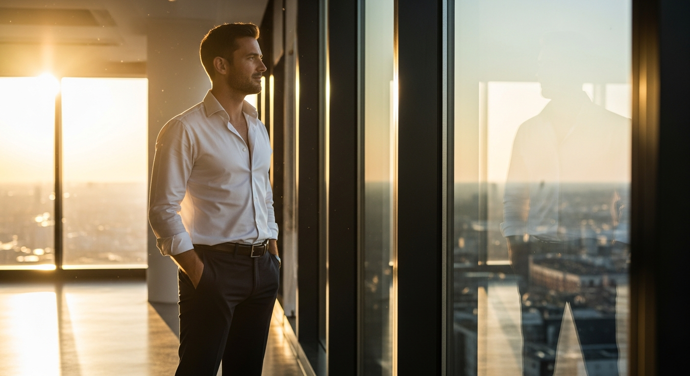 A man standing confidently at a window, looking out with calm determination