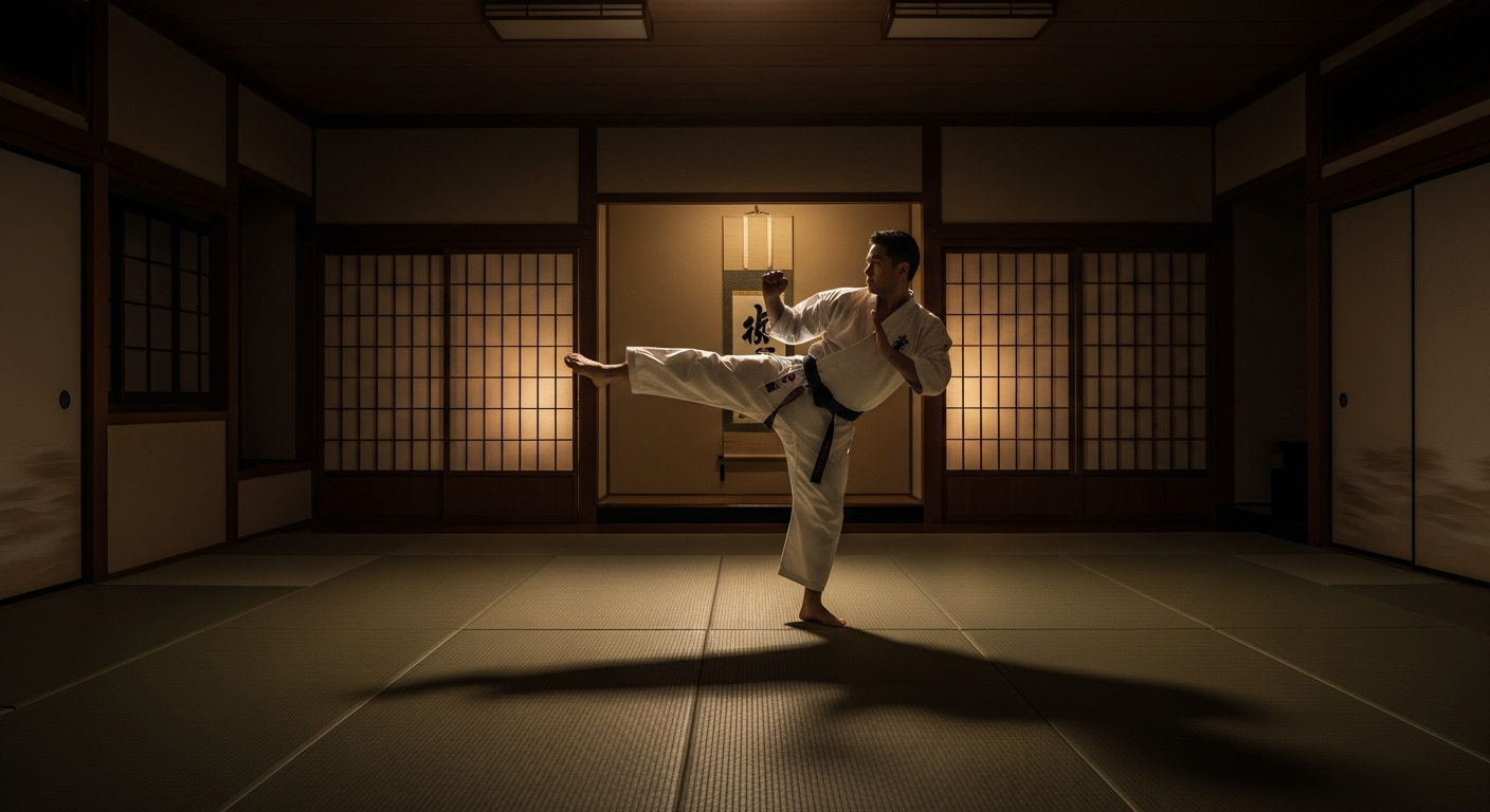 A martial artist practicing alone in a traditional dojo