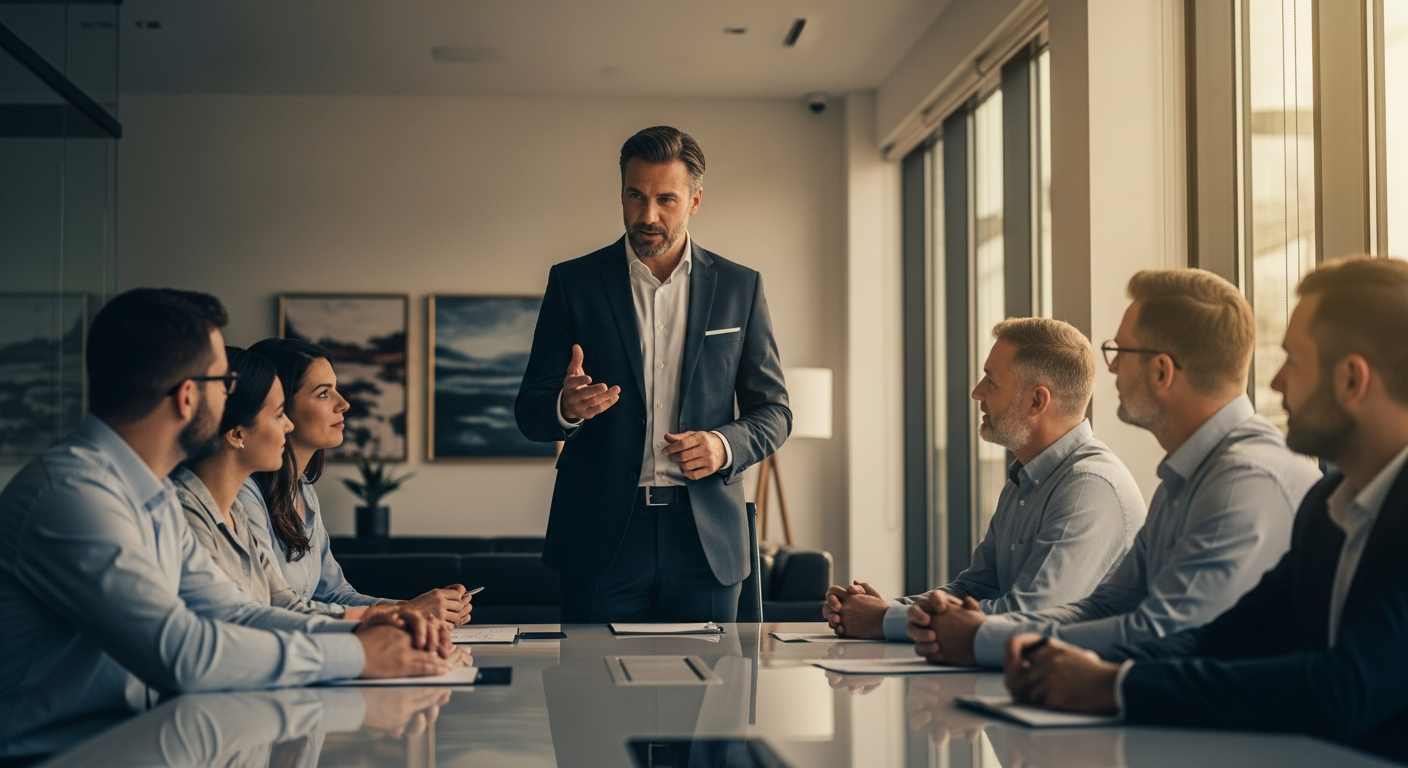 A leader presenting to an engaged team in a conference room